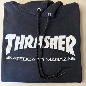 Gently worn, black, Thrasher hoodie, XL, oversized fit.